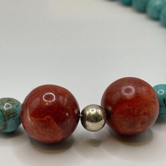Turquoise & Coral Beaded Necklace Sterling SilverToggle Clasp - Picture 2 of 5